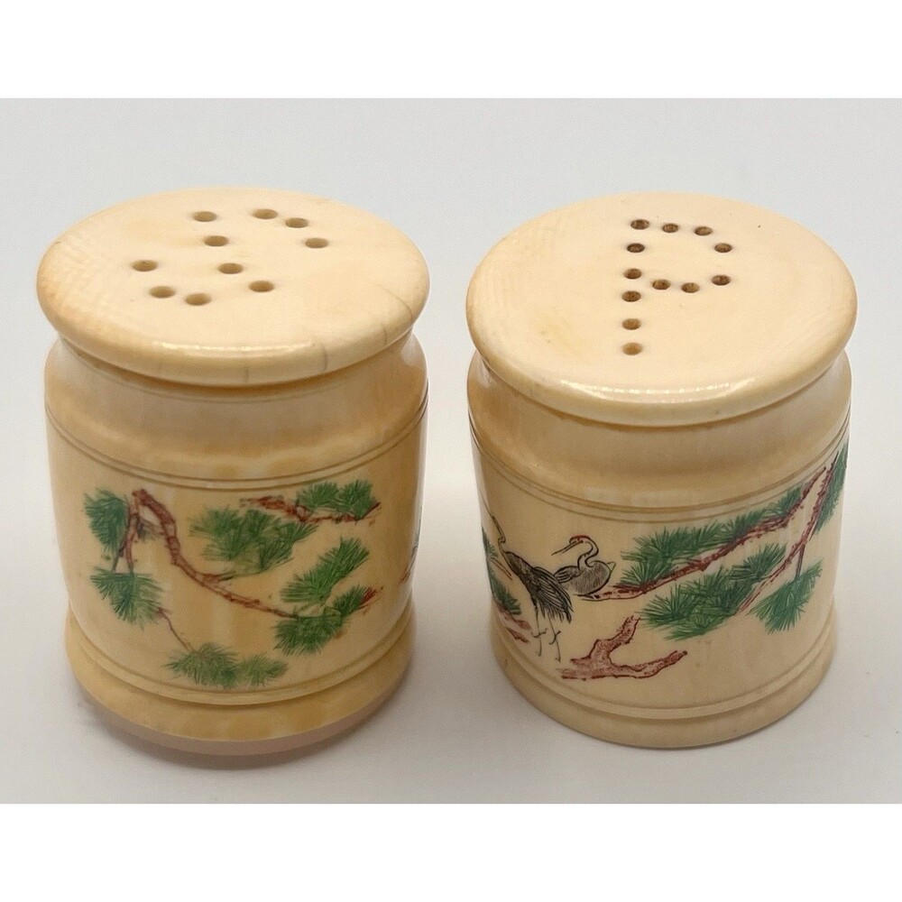 Rare 1930s Celluloid Salt & Pepper Shakers Handpainted Asian Crane Tree Motif - Picture 6 of 12